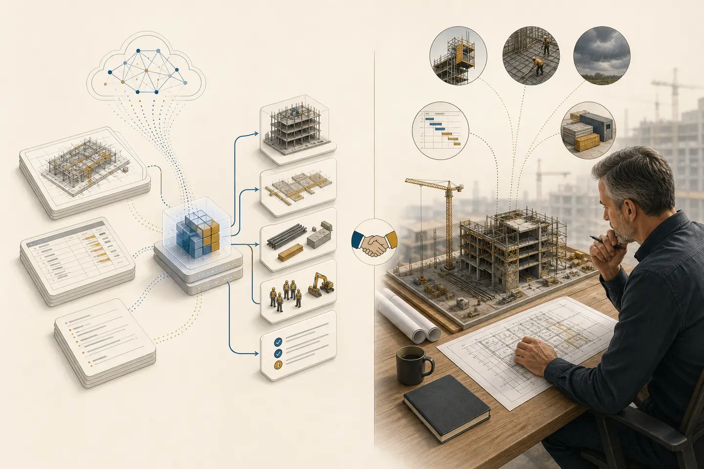 Construction software organises drawings, quantities and resource checks while an experienced estimator reviews site method, access, programme and risk.
