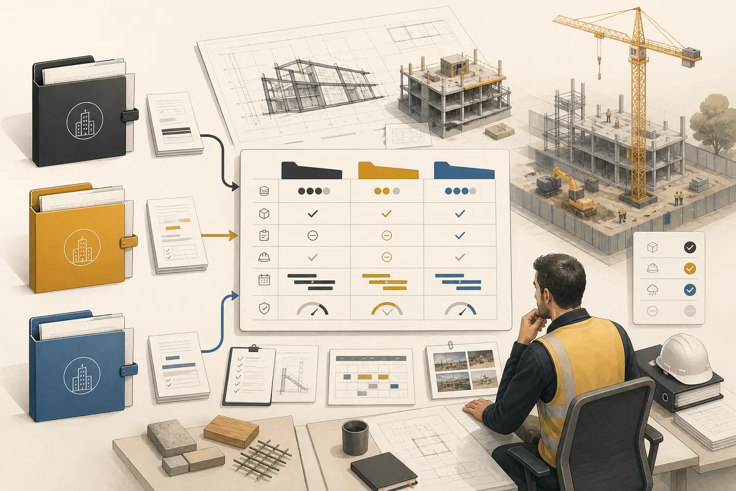 Three contractor quote folders are brought into one comparison alongside drawings, programme information and project evidence.