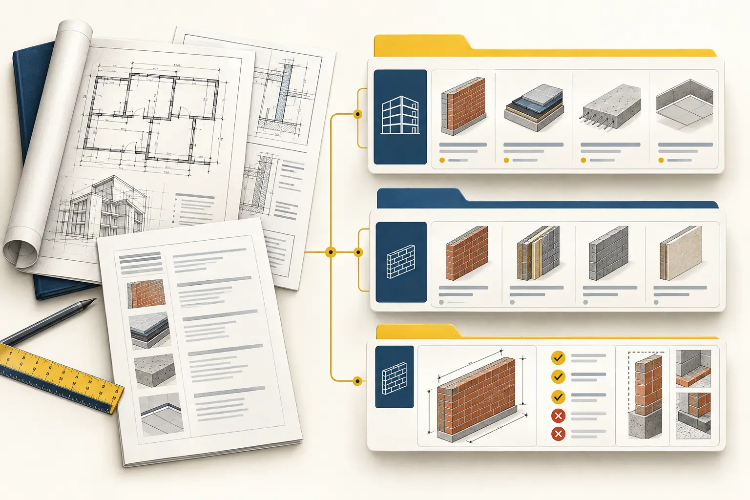 Architectural drawings are organised into work sections, work subsections and a measured item with clear scope boundaries.